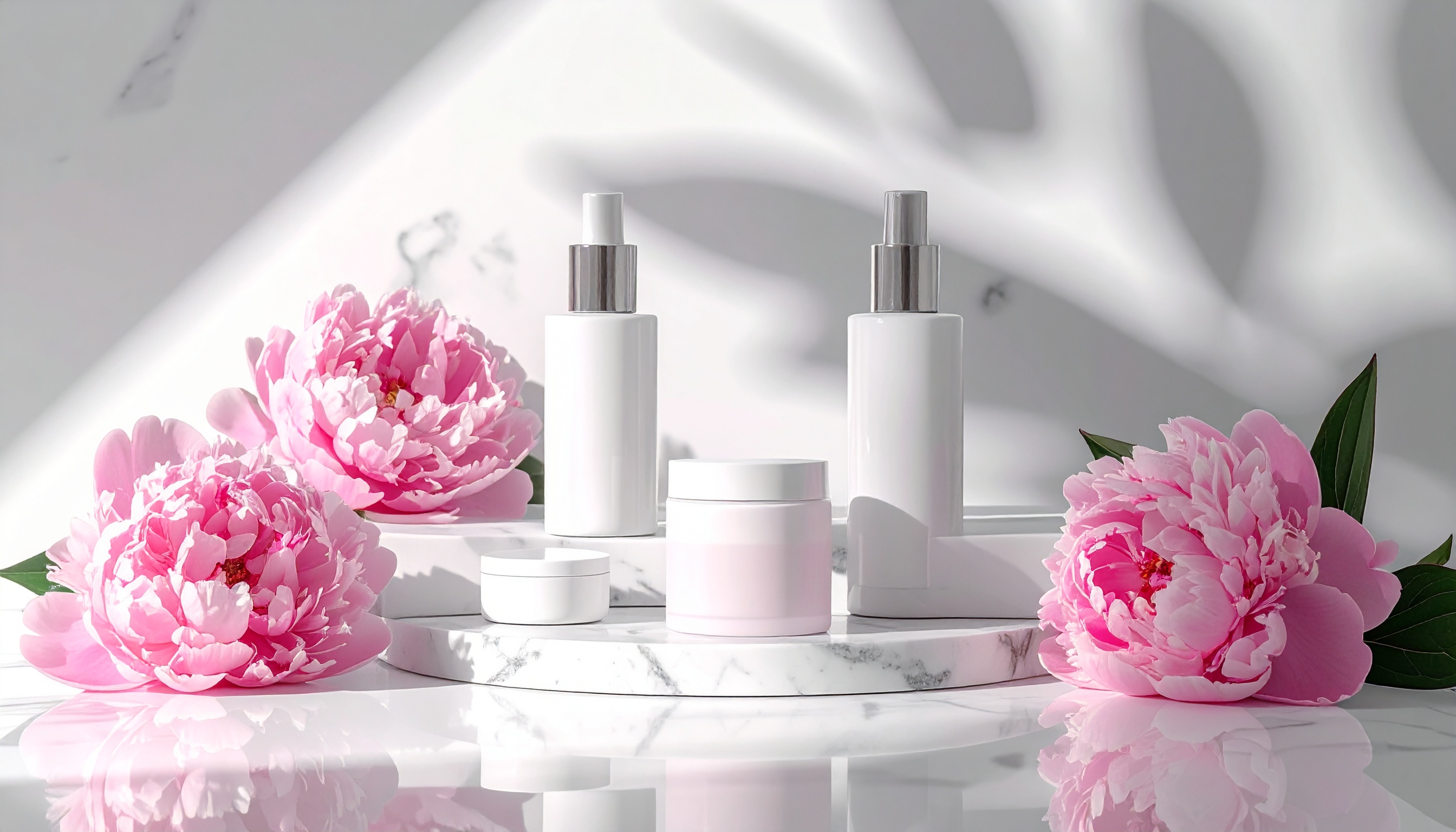 Cena de produtos de beleza minimalista em um fundo claro com padrão de mármore. Frascos brancos contrastam com flores de peônia rosa vibrantes, criando um equilíbrio entre elegância e delicadeza. A iluminação suave e sombras sutis adicionam profundidade à composição, enquanto o reflexo no plano de fundo polido realça a atmosfera luxuosa.